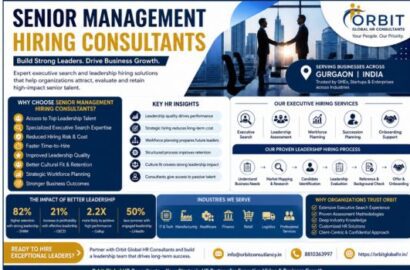 Professional infographic showcasing senior management hiring consultants, executive search services, leadership hiring process, workforce planning, and executive recruitment solutions in Gurgaon, India by Orbit Global HR Consultants.