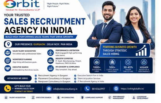 Sales Recruitment Agency India banner by Orbit Global HR Consultants featuring talent acquisition, executive search, workforce planning, and HR consulting services in Gurgaon and across India.