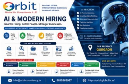 AI and Modern Hiring infographic showcasing AI-powered recruitment, talent acquisition services, executive search, workforce planning, and HR consulting services in Gurgaon, India.