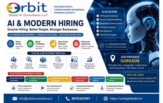 AI and Modern Hiring infographic showcasing AI-powered recruitment, talent acquisition services, executive search, workforce planning, and HR consulting services in Gurgaon, India.